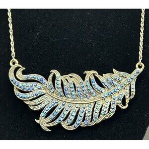 Floating Feather Necklace Aurora Borealis Gems Gold tone